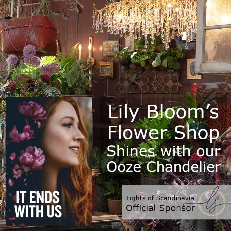 Lily Bloom’s Boho-chic flower shop from IT ENDS WITH US, featuring Lights of Scandinavia’s Ooze Chandelier. Surrounded by antique décor, lush plants, and hanging baskets, the chandelier adds a warm, elegant glow to the shop’s unique aesthetic.
