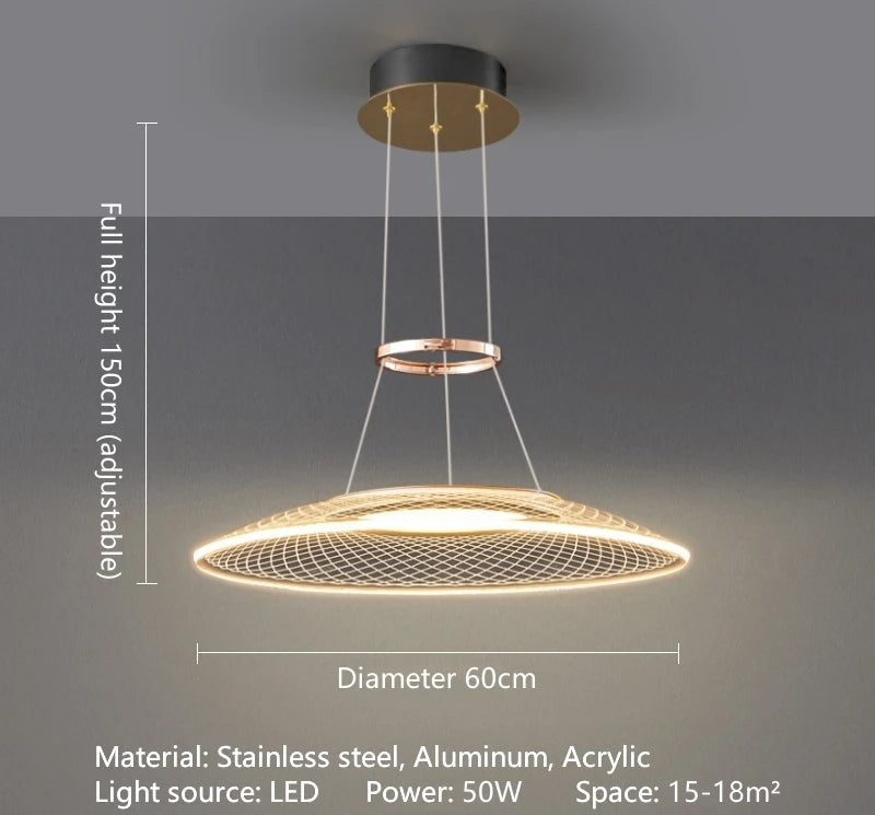 Dröme modern LED chandelier with sculptural acrylic rings and soft ambient glow, Nordic-style ceiling light ideal for living rooms, bedrooms, stairwells, and hotel lobbies.