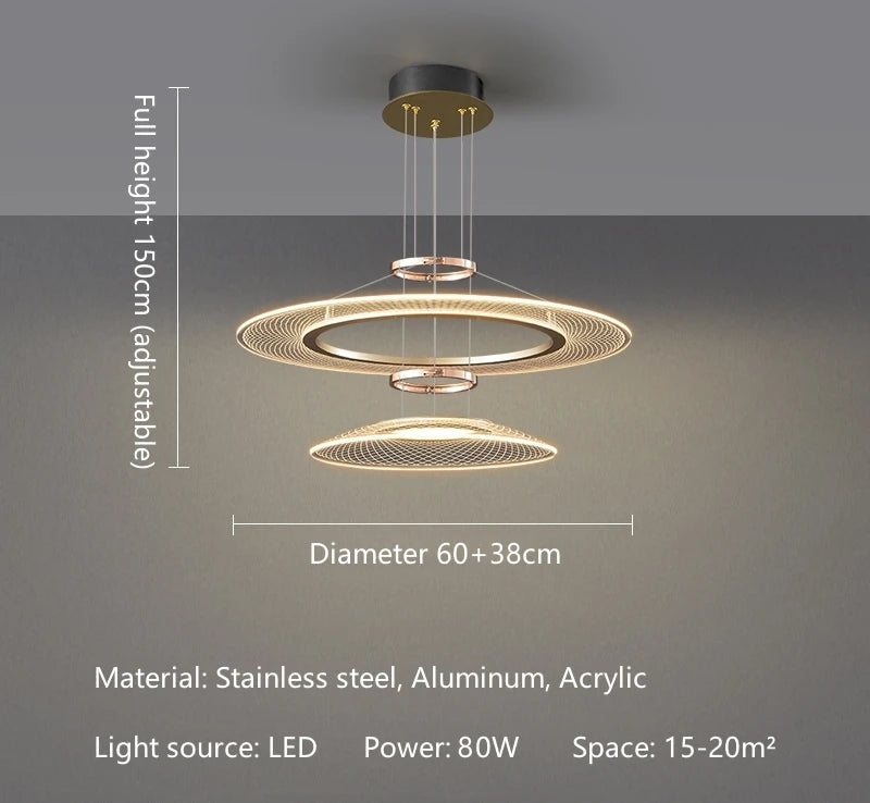 Dröme modern LED chandelier with sculptural acrylic rings and soft ambient glow, Nordic-style ceiling light ideal for living rooms, bedrooms, stairwells, and hotel lobbies.
