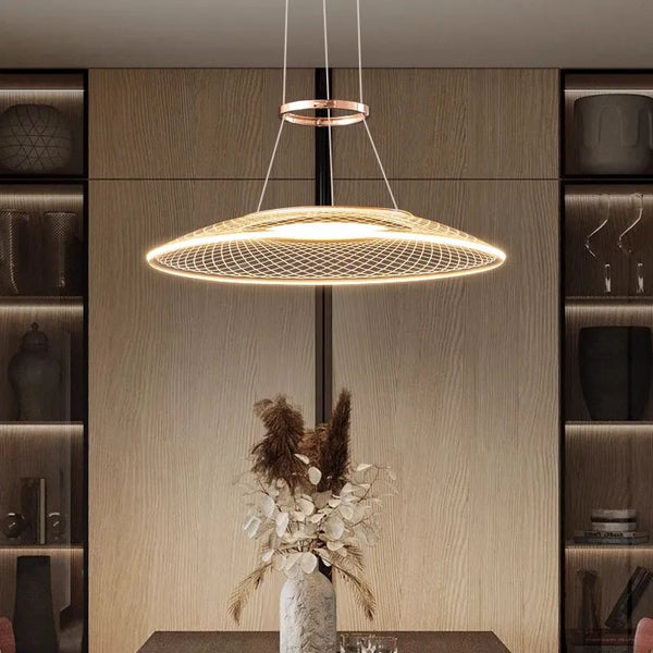 Dröme modern LED chandelier with sculptural acrylic rings and soft ambient glow, Nordic-style ceiling light ideal for living rooms, bedrooms, stairwells, and hotel lobbies.