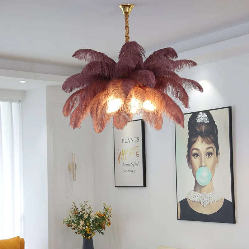 Eirlys Nordic Creative Feather Chandelier with Iron and Feather Accents, G9 LED Bulbs, Ideal for Living Room, Dining Room, and Bedroom Home Decor.