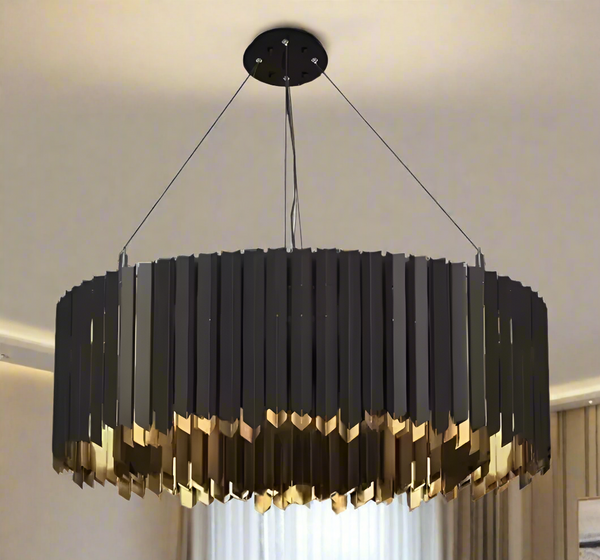 Modern Nordic luxury chandelier Celestial in premium stainless steel with golden, silver, or black finishes. The design, inspired by Northern skies, combines contemporary elegance with integrated LED lighting, creating a warm, inviting ambiance for living rooms or bedrooms.